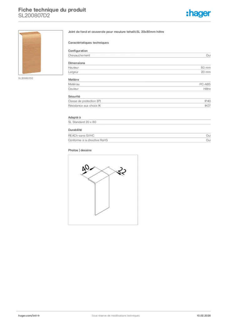 Image Hager Fiche technique du produit SL200807D2 | Hager Afrique