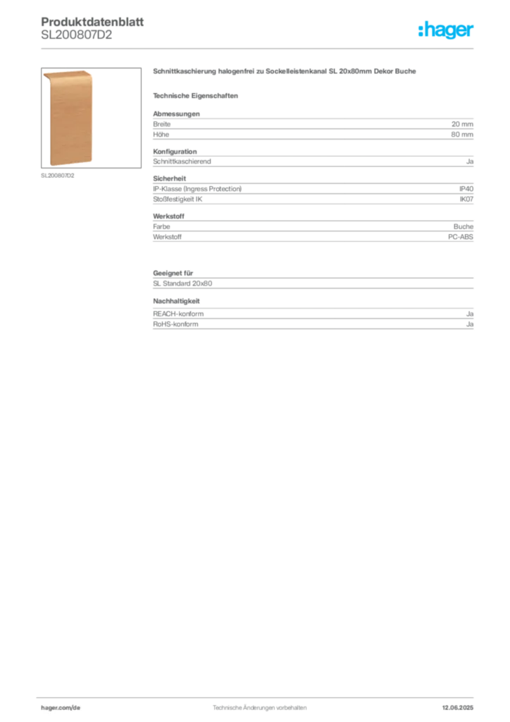 Bild Hager Produktdatenblatt SL200807D2 | Hager Deutschland