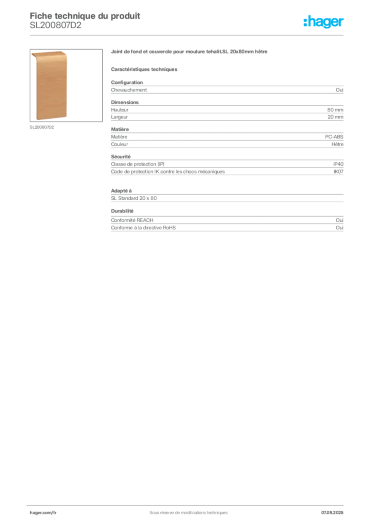 Image Hager Fiche technique du produit SL200807D2 | Hager France