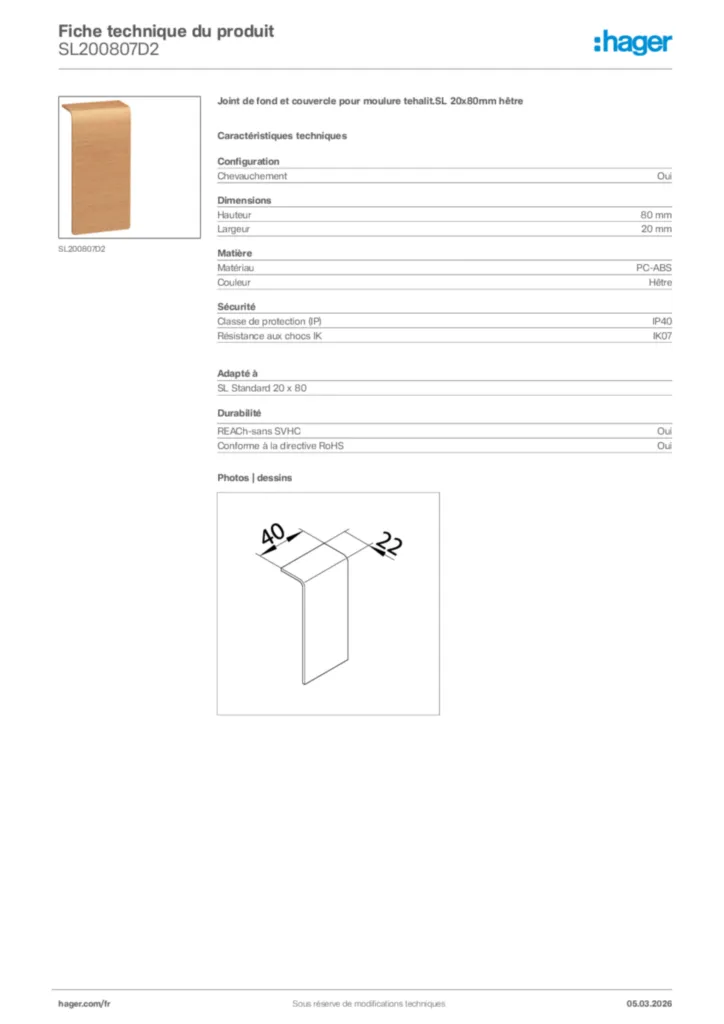 Image Hager Fiche technique du produit SL200807D2 | Hager France