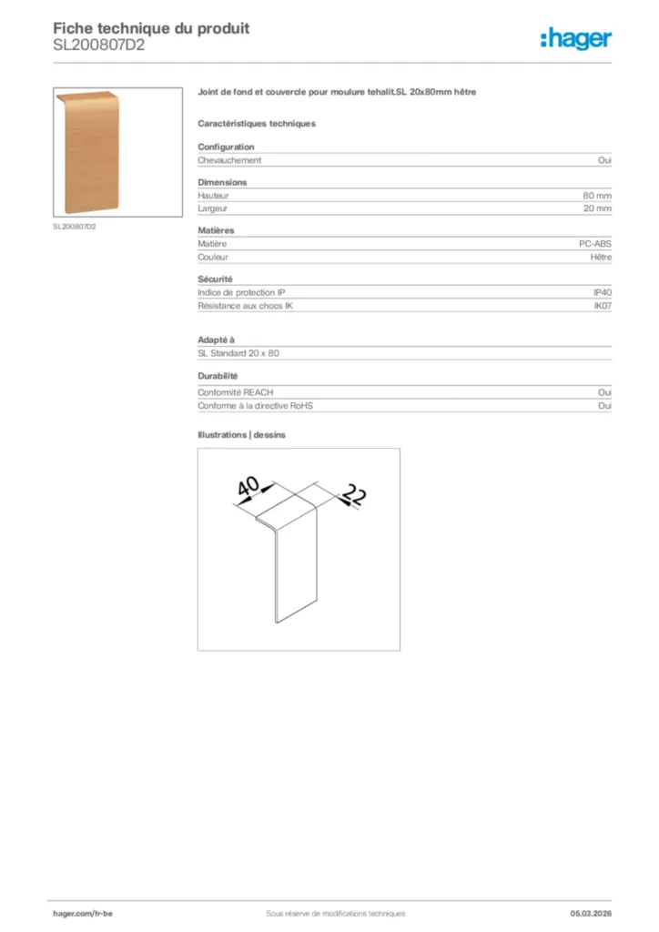 Image Hager Fiche technique du produit SL200807D2 | Hager Belgique