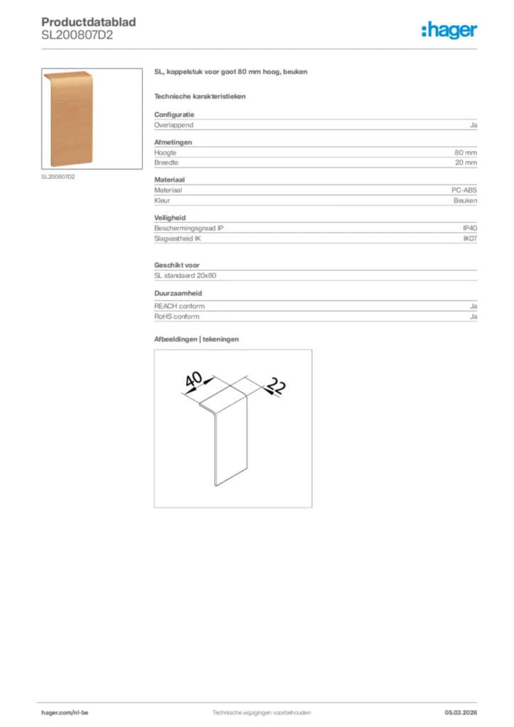 Afbeelding Hager Productdatablad SL200807D2 | Hager Belgium