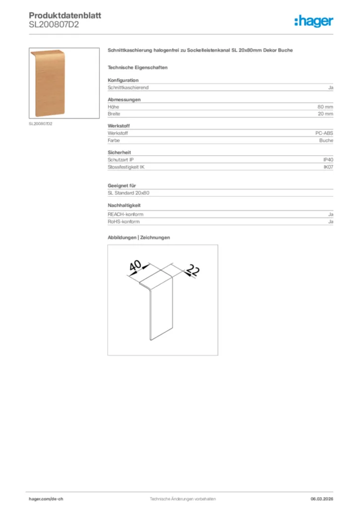 Bild Hager Produktdatenblatt SL200807D2 | Hager Schweiz
