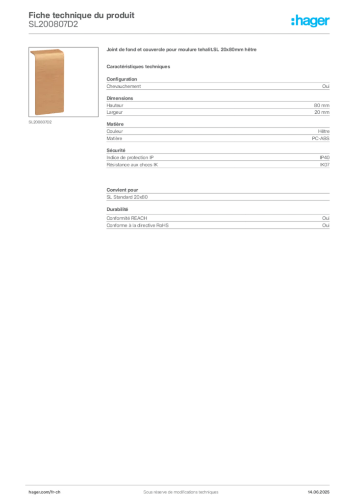 Image Hager Fiche technique du produit SL200807D2 | Hager Suisse