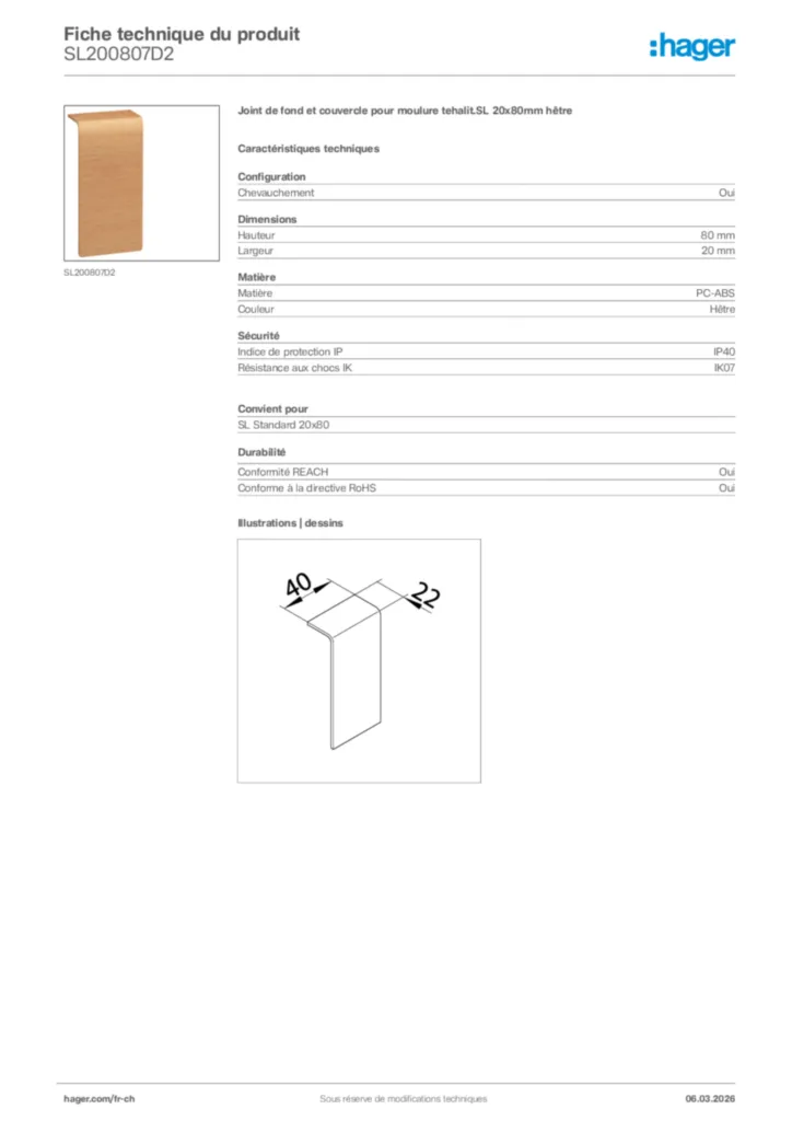 Image Hager Fiche technique du produit SL200807D2 | Hager Suisse