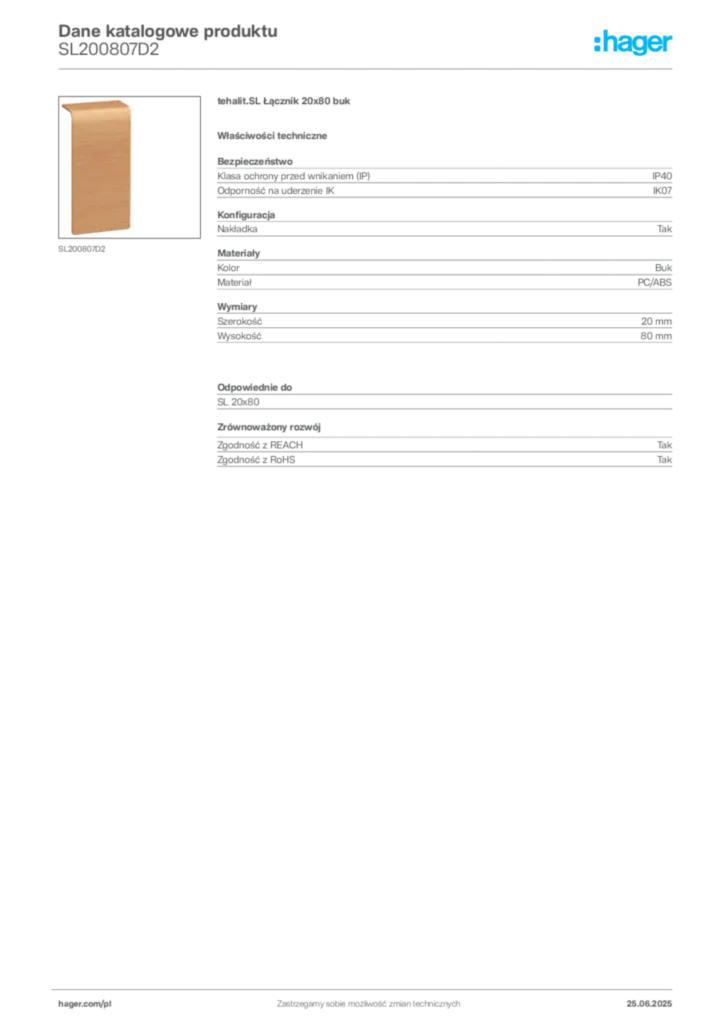 Zdjęcie Hager Karta katalogowa SL200807D2 | Hager Polska