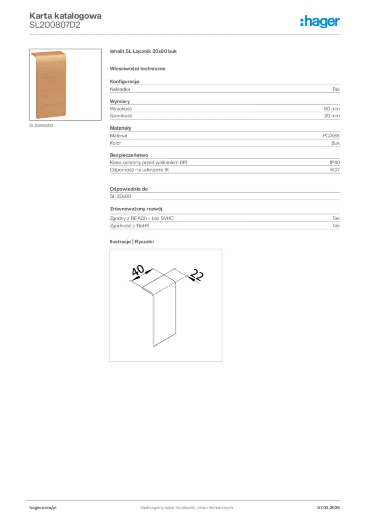Zdjęcie Hager Karta katalogowa SL200807D2 | Hager Polska