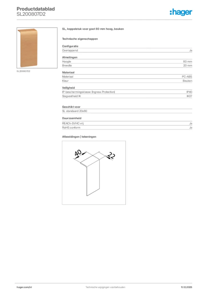 Afbeelding Hager Productdatablad SL200807D2 | Hager Nederland
