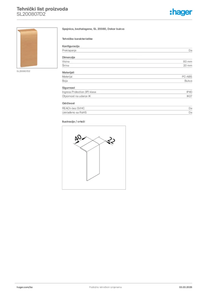 Slika Hager Tehnički list proizvoda SL200807D2  | Hager