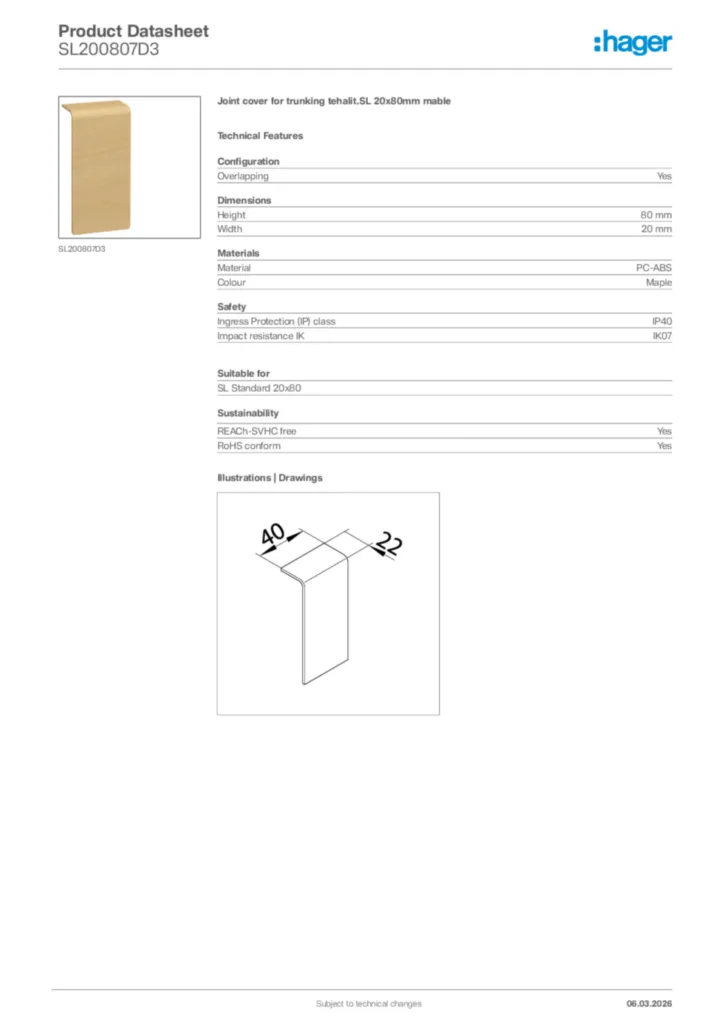 Image Hager Product data sheet SL200807D3  | Hager Africa