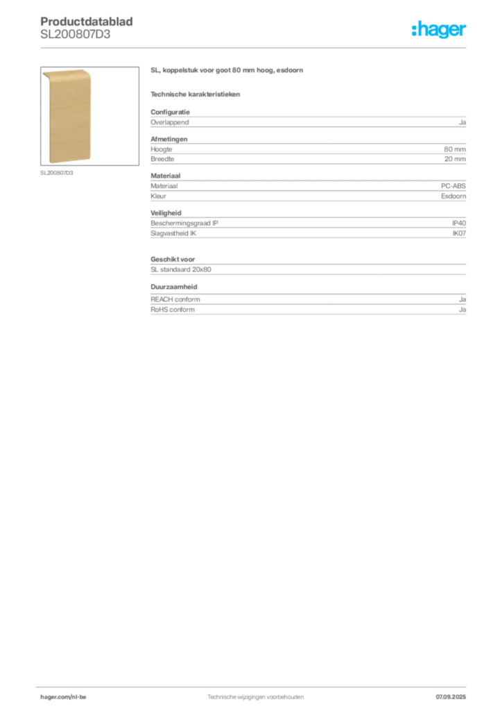 Afbeelding Hager Productdatablad SL200807D3 | Hager Belgium