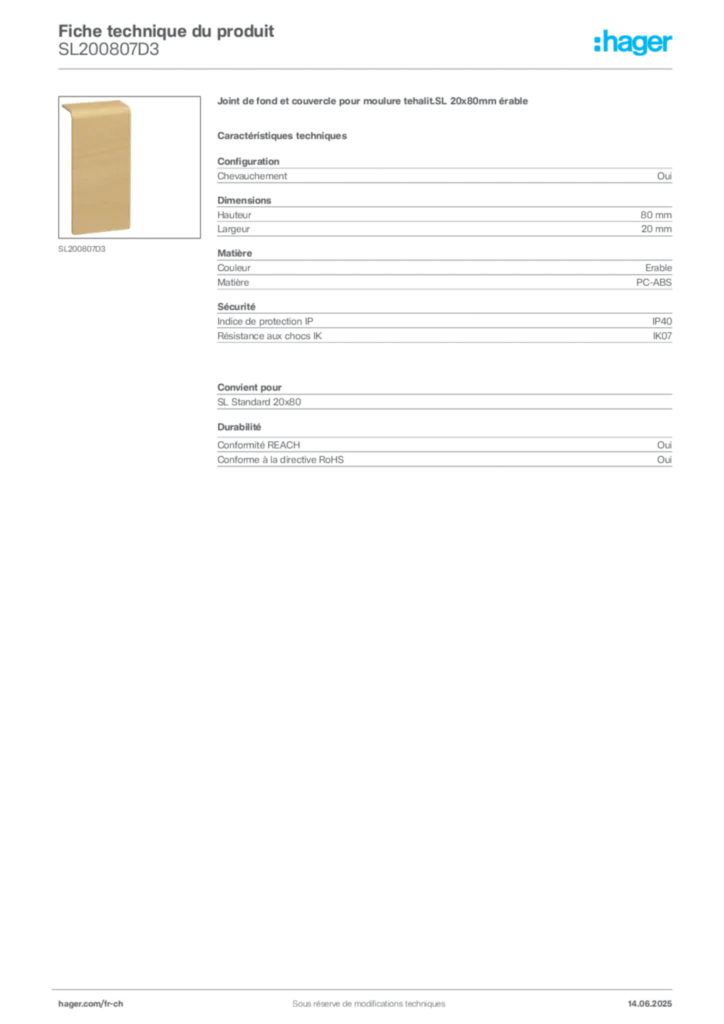 Image Hager Fiche technique du produit SL200807D3 | Hager Suisse