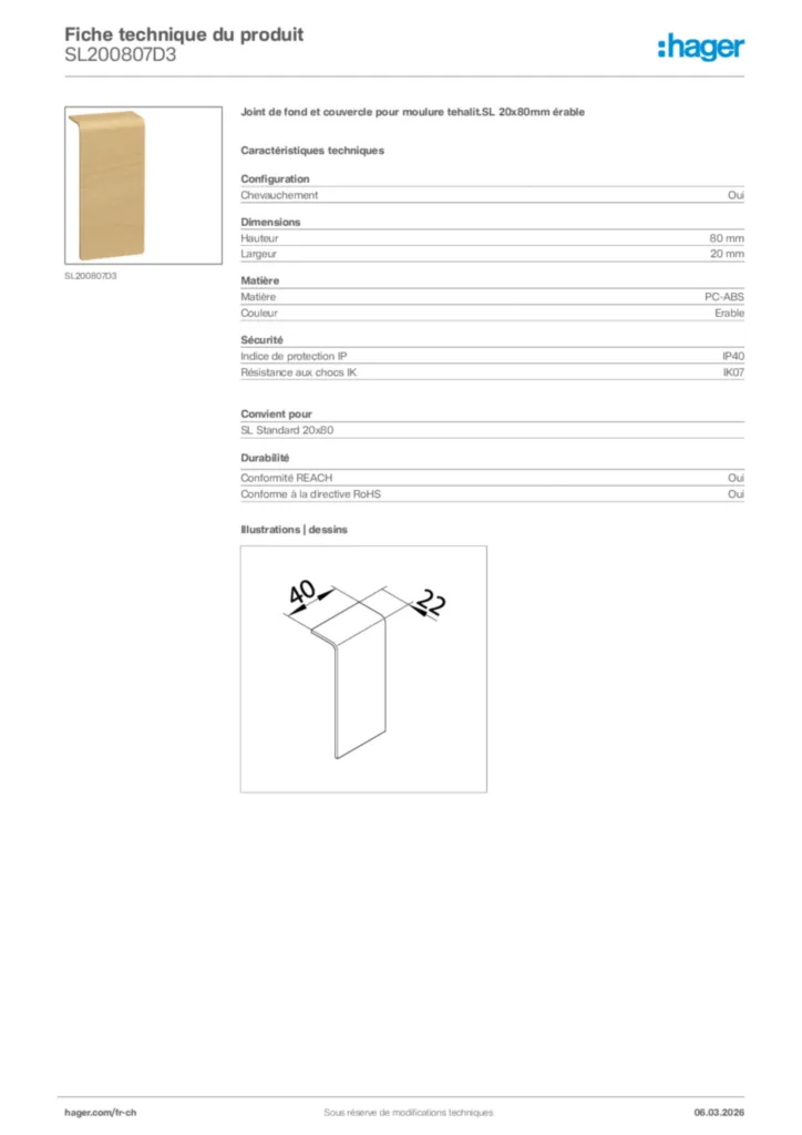 Image Hager Fiche technique du produit SL200807D3 | Hager Suisse