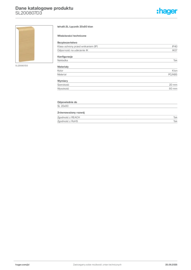 Zdjęcie Hager Karta katalogowa SL200807D3 | Hager Polska