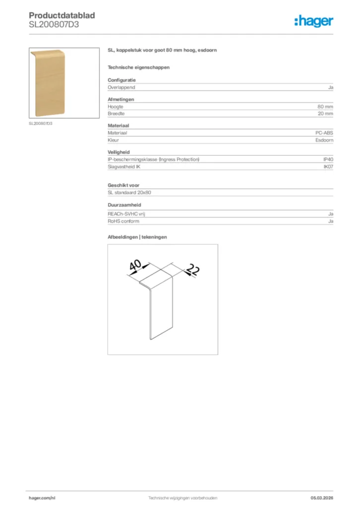 Afbeelding Hager Productdatablad SL200807D3 | Hager Nederland