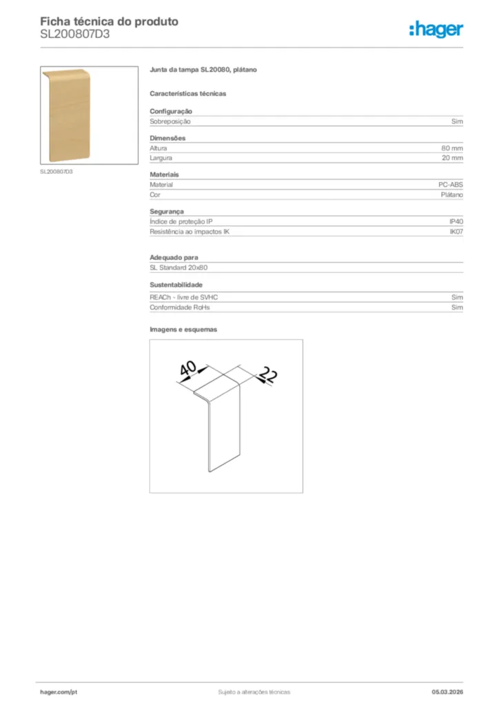 Imagem Hager Ficha técnica do produto SL200807D3 | Hager Portugal