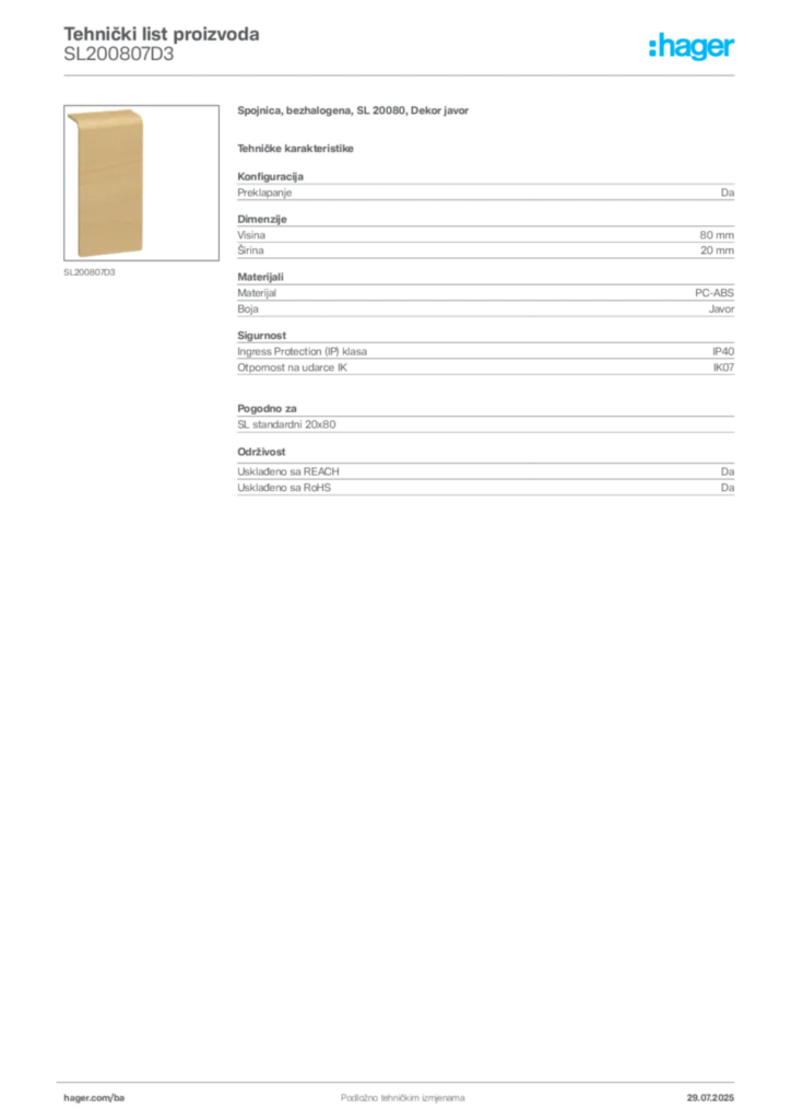 Slika Hager Product data sheet SL200807D3  | Hager