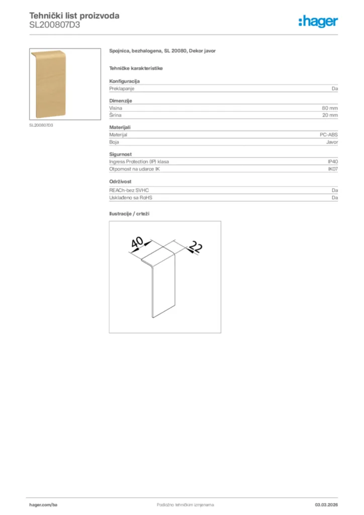 Slika Hager Tehnički list proizvoda SL200807D3  | Hager