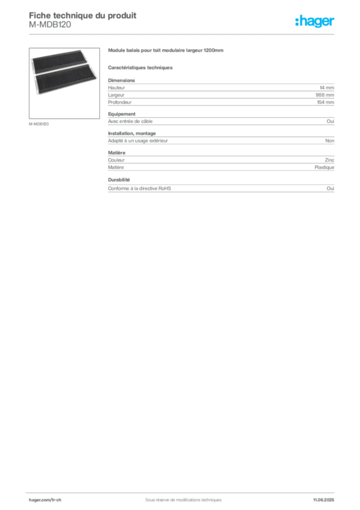 Image Hager Fiche technique du produit M-MDB120 | Hager Suisse