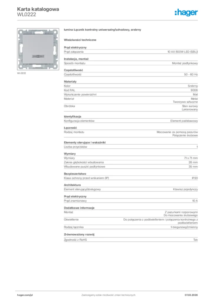 Zdjęcie Hager Karta katalogowa WL0222 | Hager Polska