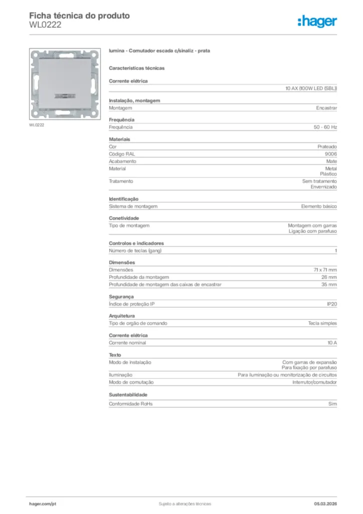 Imagem Hager Ficha técnica do produto WL0222 | Hager Portugal