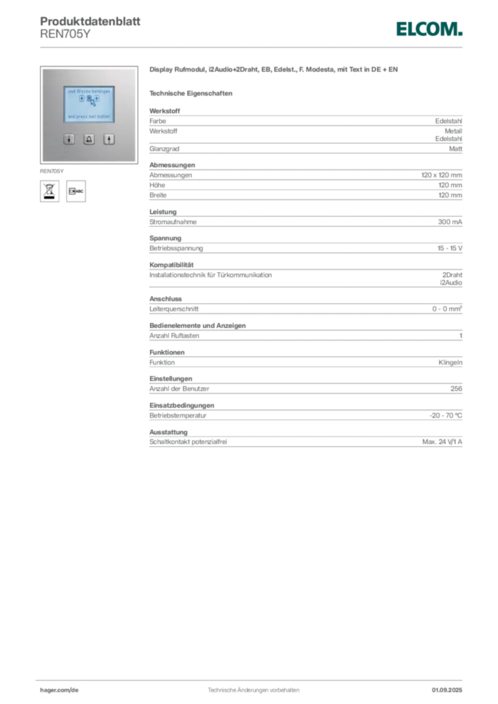 Elcom Produktdatenblatt REN705Y