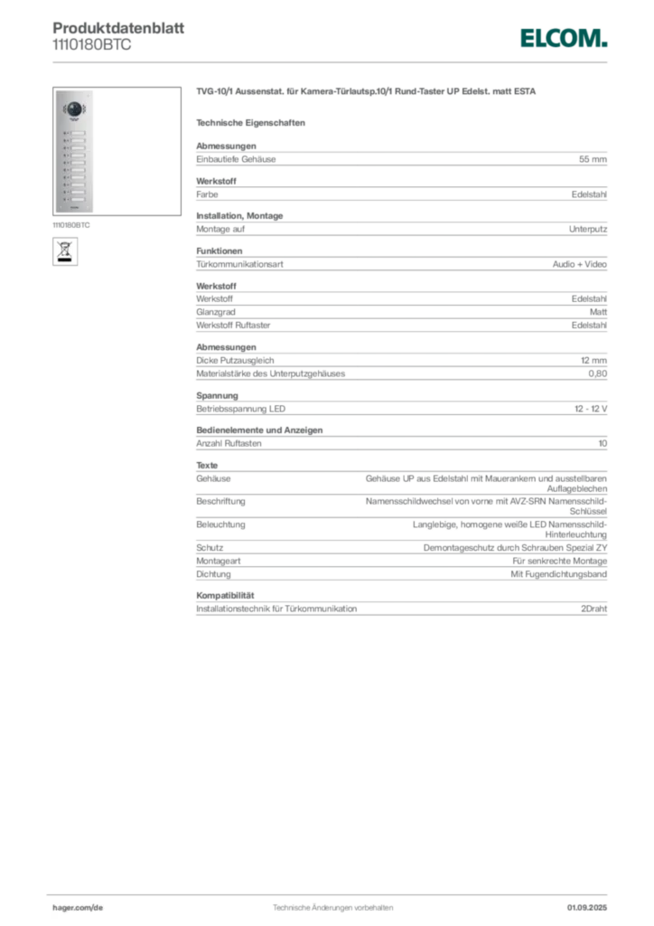 Bild Elcom Produktdatenblatt 1110180BTC | Hager Deutschland