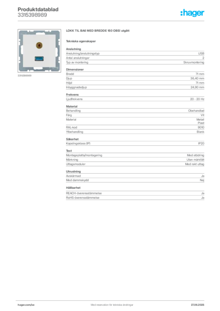 Bild Hager Produktdatablad 3315398989 | Hager Sverige