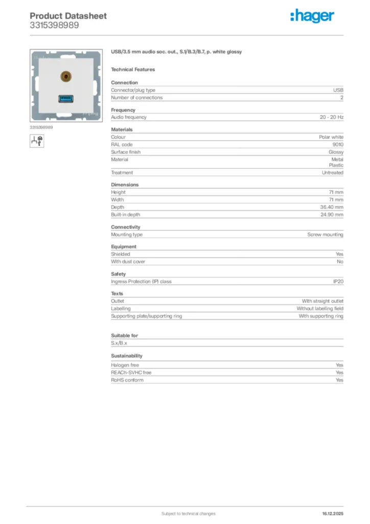 Image Hager Product data sheet 3315398989  | Hager