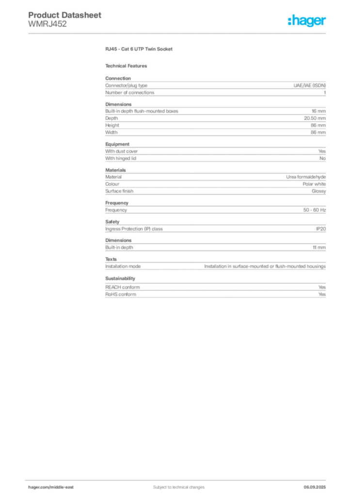 Image Hager Product data sheet WMRJ452  | Hager