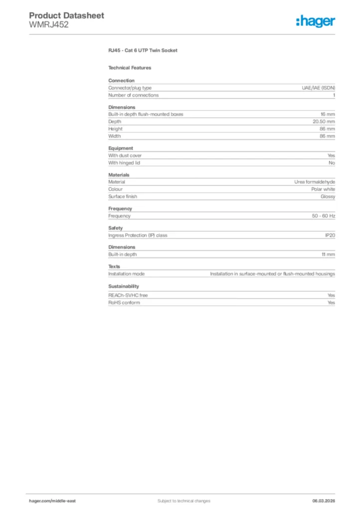Image Hager Product data sheet WMRJ452  | Hager