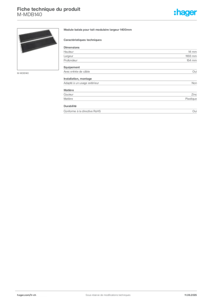 Image Hager Fiche technique du produit M-MDB140 | Hager Suisse