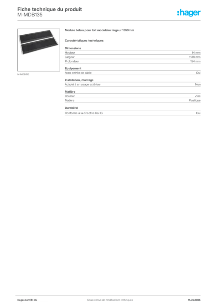 Image Hager Fiche technique du produit M-MDB135 | Hager Suisse