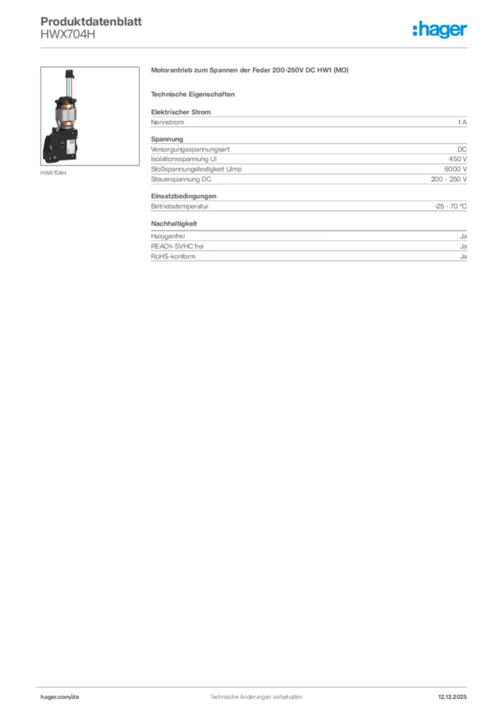 Hager Produktdatenblatt HWX704H