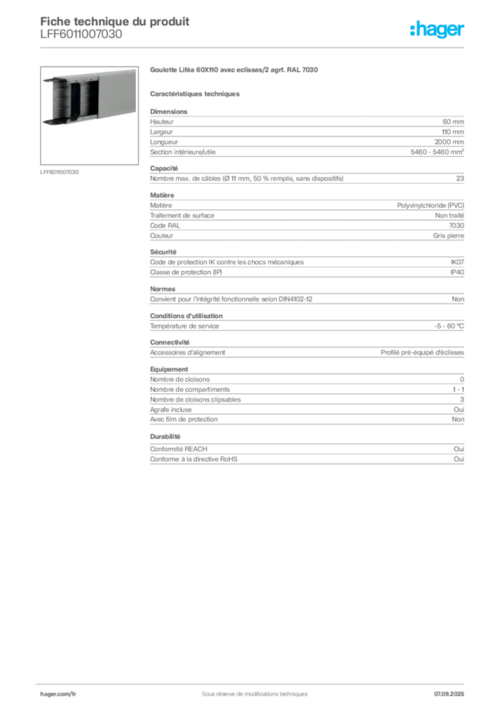 Image Hager Fiche technique du produit LFF6011007030 | Hager France