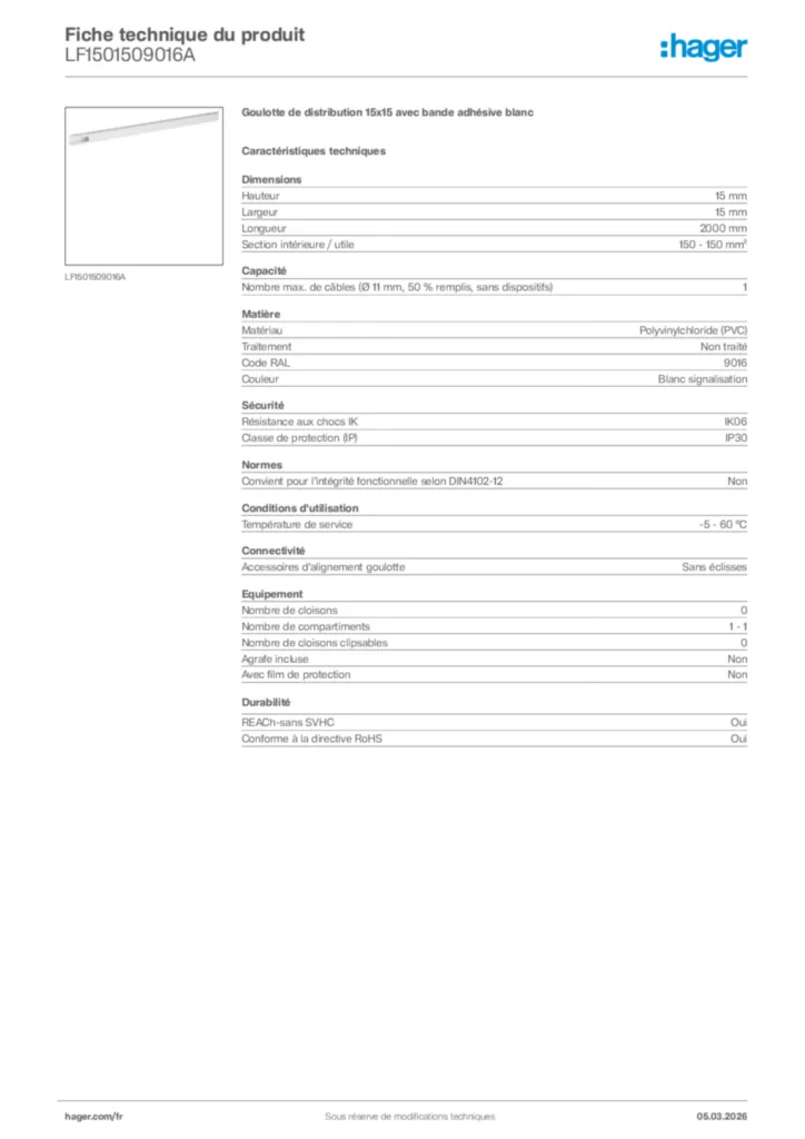 Image Hager Fiche technique du produit LF1501509016A | Hager France