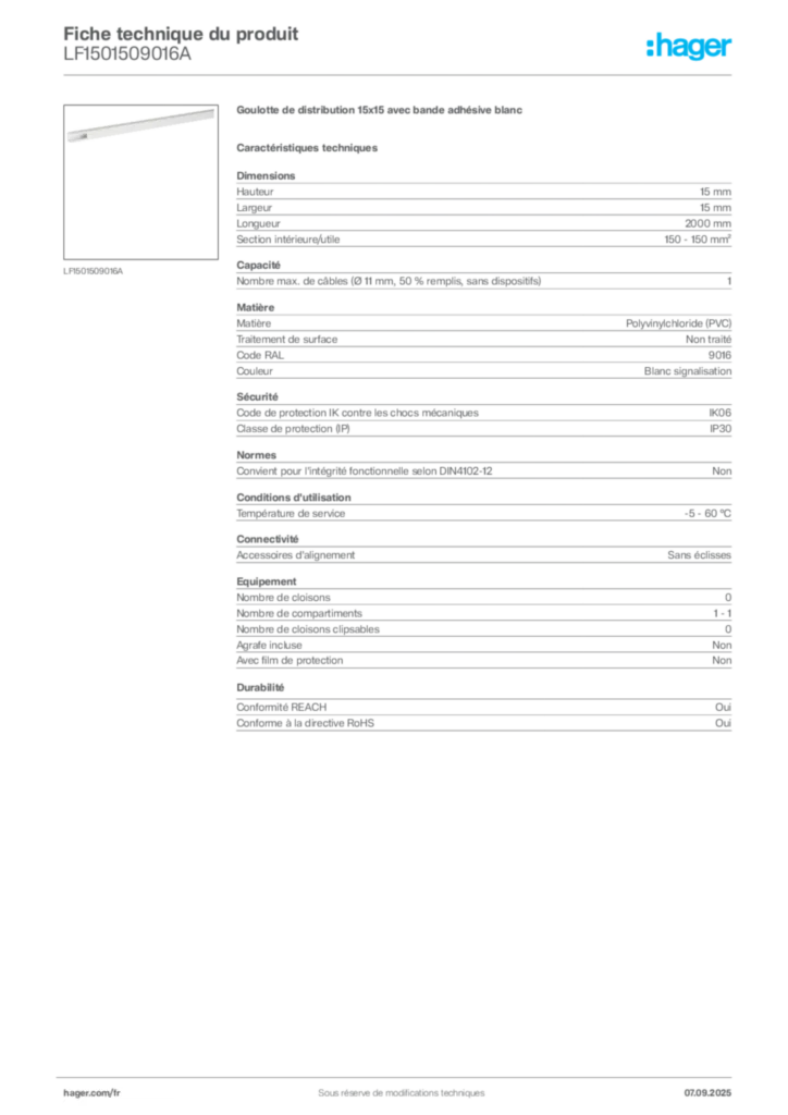 Image Hager Fiche technique du produit LF1501509016A | Hager France