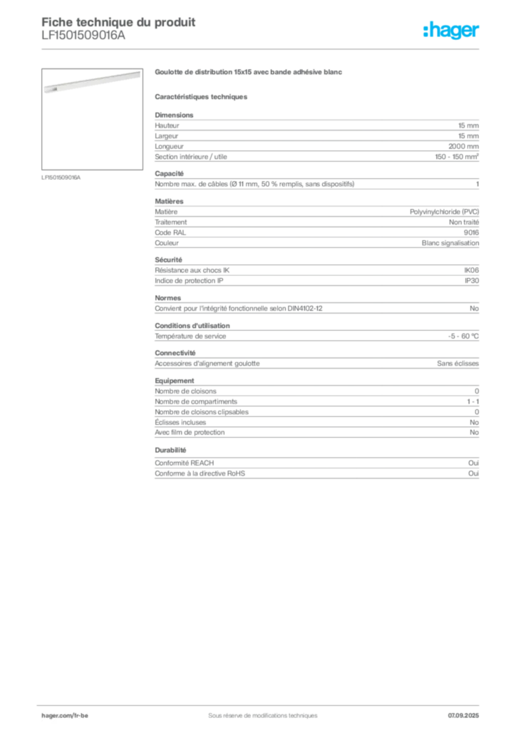Image Hager Fiche technique du produit LF1501509016A | Hager Belgique