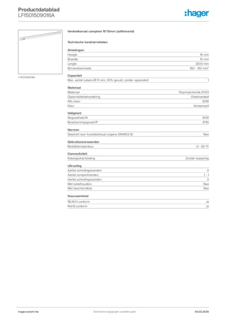 Afbeelding Hager Productdatablad LF1501509016A | Hager Belgium