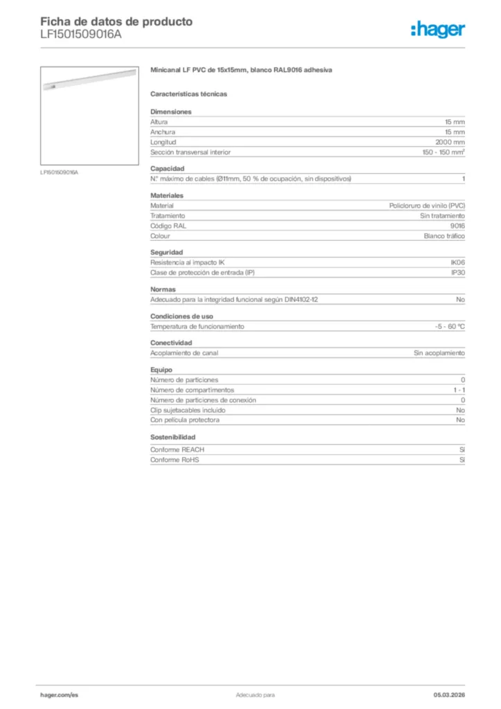 Imagen Hager Ficha de datos de producto LF1501509016A | Hager España