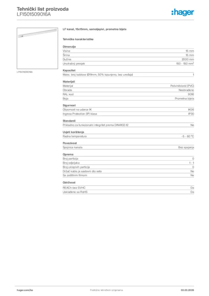 Slika Hager Tehnički list proizvoda LF1501509016A  | Hager