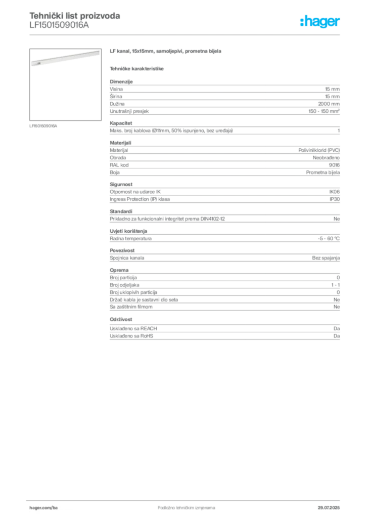 Slika Hager Product data sheet LF1501509016A  | Hager