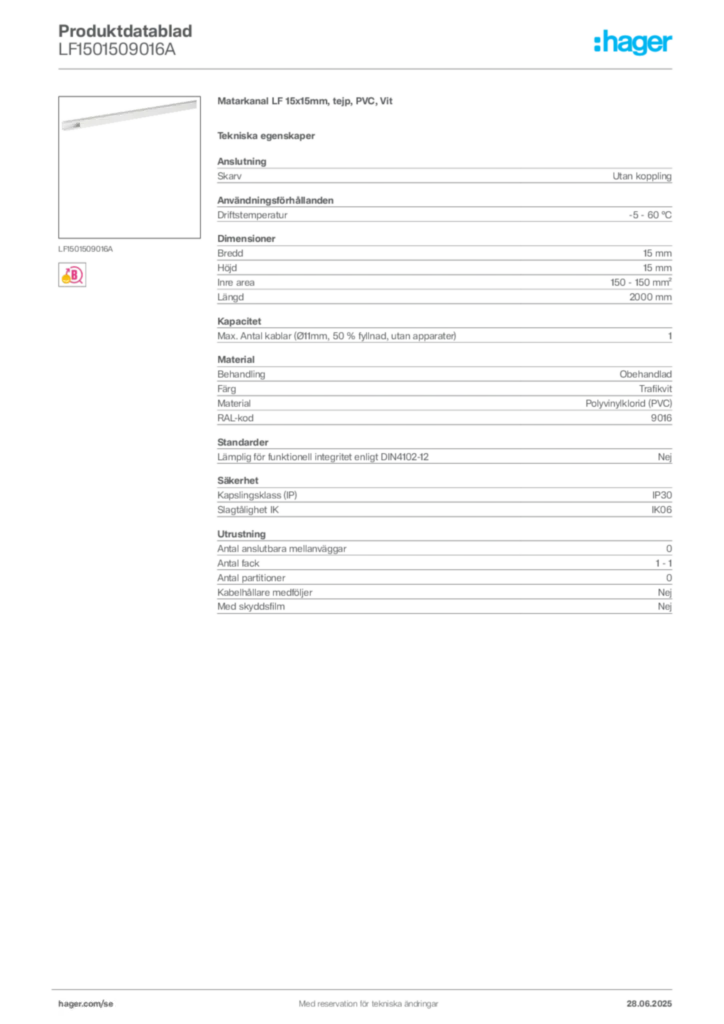 Bild Hager Produktdatablad LF1501509016A | Hager Sverige