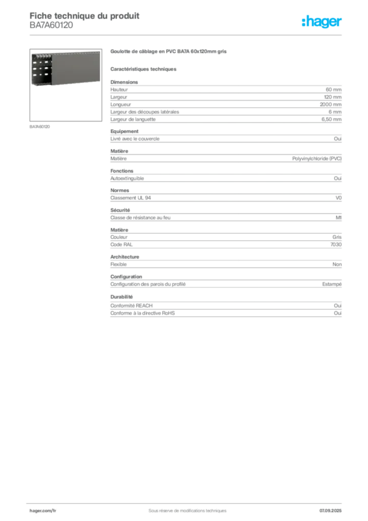 Image Hager Fiche technique du produit BA7A60120 | Hager France