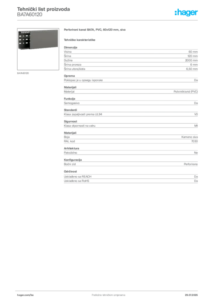 Slika Hager Product data sheet BA7A60120  | Hager