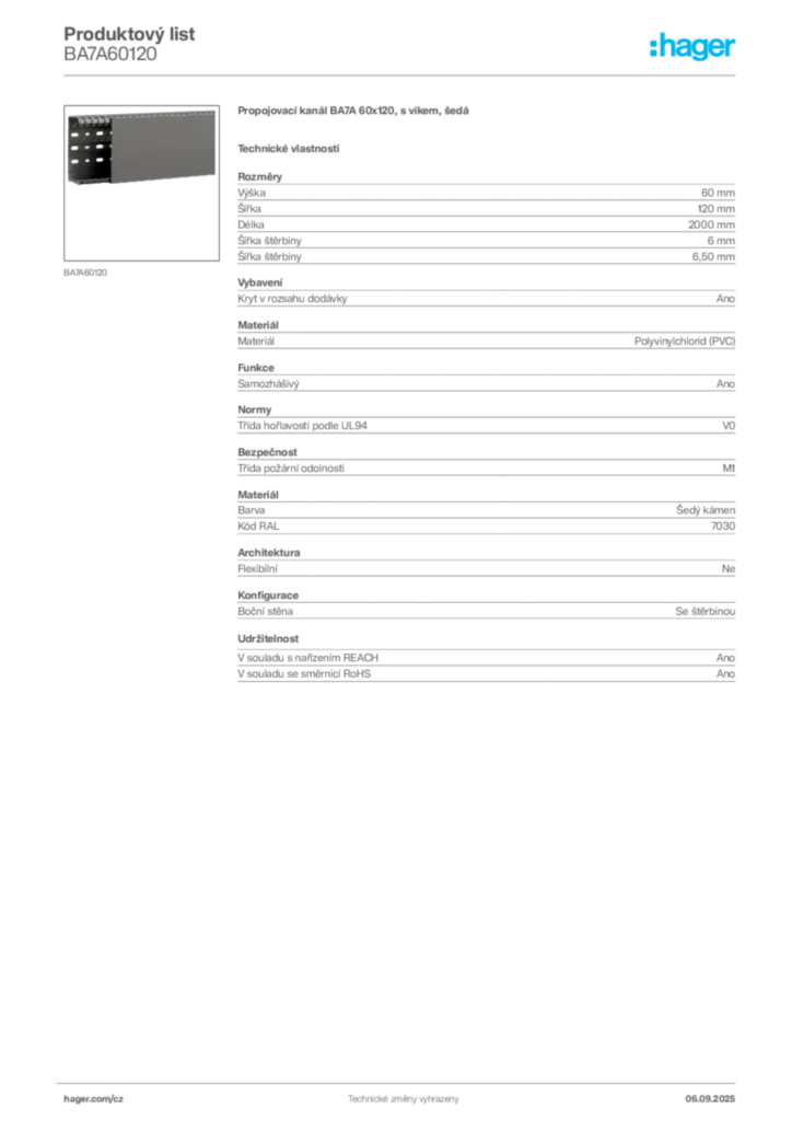 Obrázek Hager Produktový list BA7A60120 | Hager