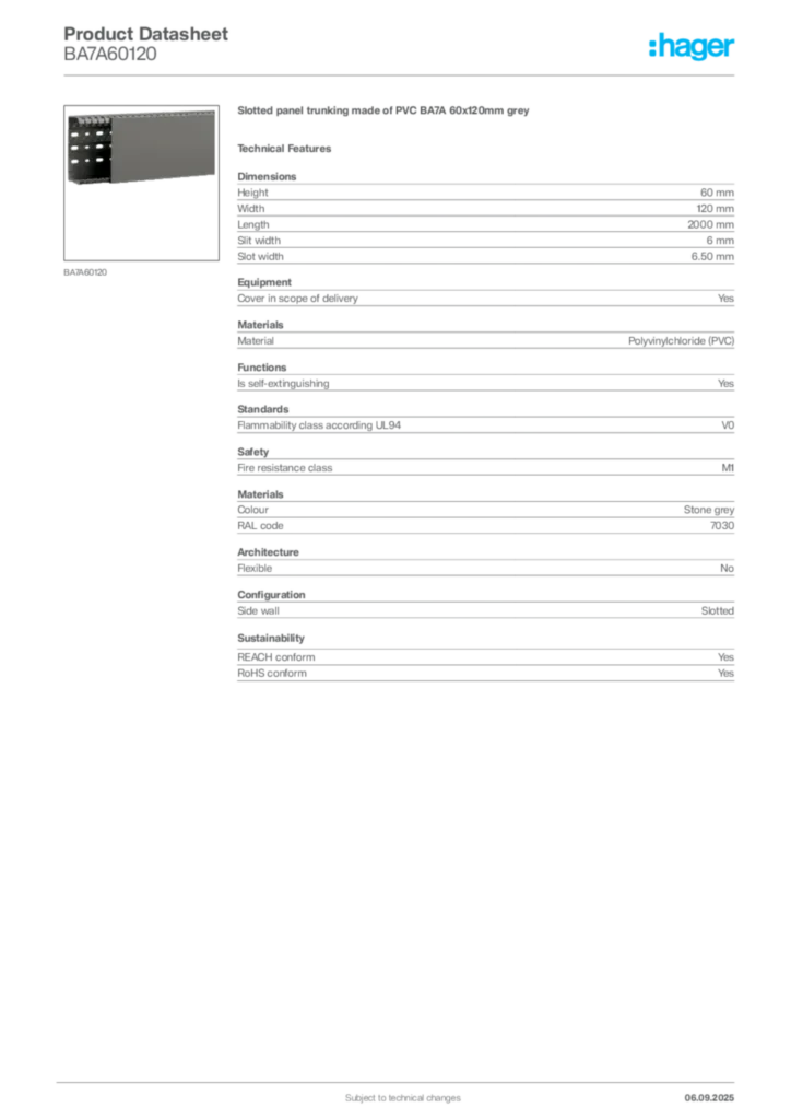 Image Hager Product data sheet BA7A60120  | Hager