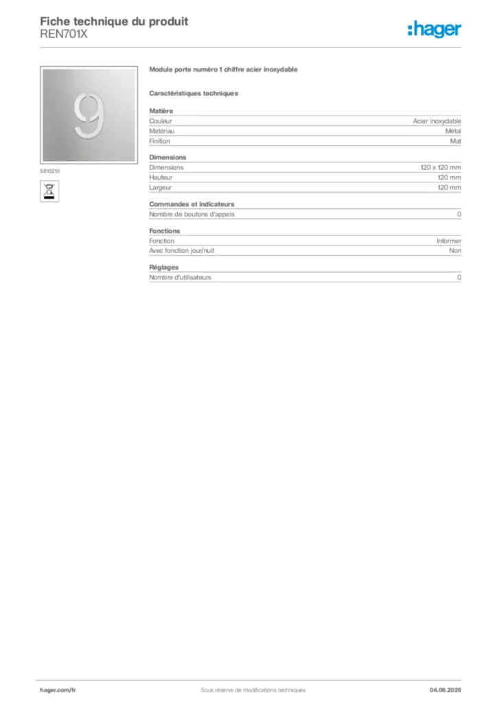 Image Hager Fiche technique du produit REN701X | Hager France