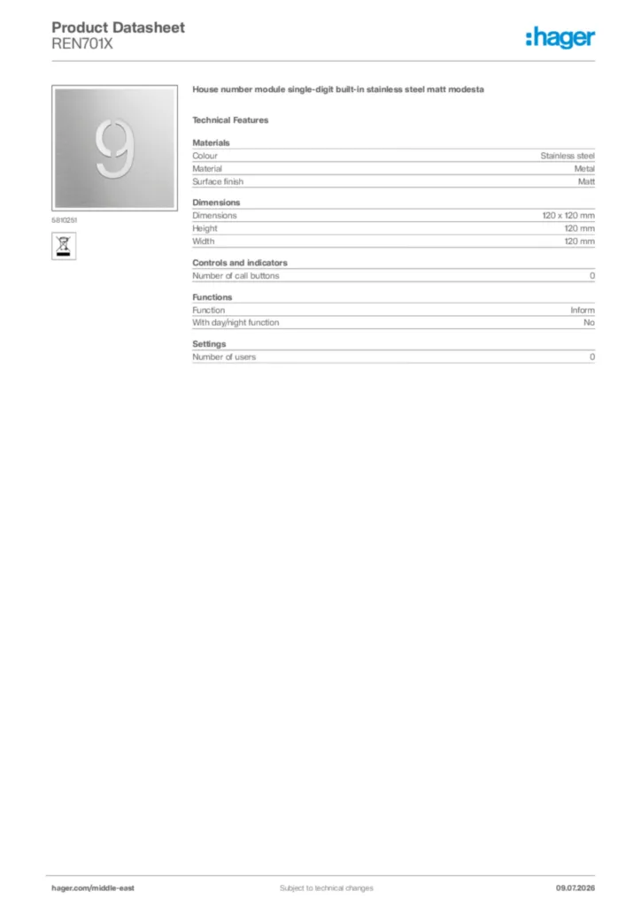 Image Hager Product data sheet REN701X  | Hager