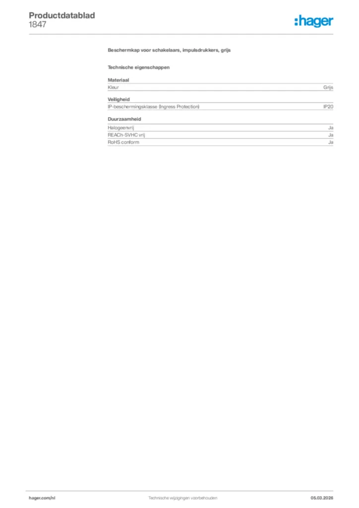 Afbeelding Hager Productdatablad 1847 | Hager Nederland